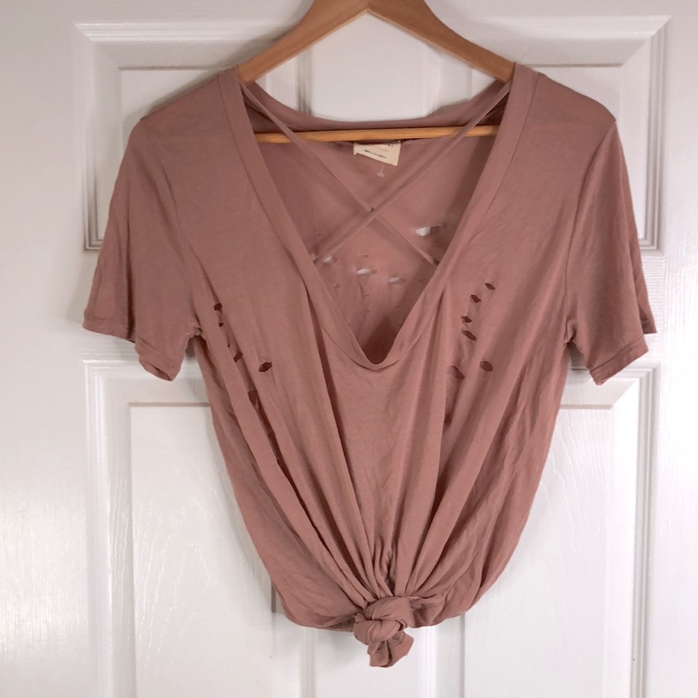 Blush Distressed Crisscross Tee